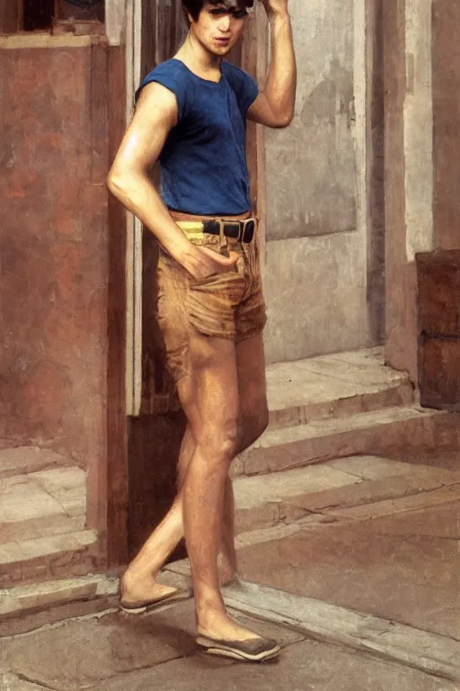 Image similar to Full-length portrait of a handsome!! young pregnant male on the streets of Saigon, wearing shorts and a sleeveless shirt, historically reliable photo chronicle, 1975, ultra detailed digital art, octane render, 4K, by John William Waterhouse and Edwin Longsden Long and Theodore Ralli and Nasreddine Dinet