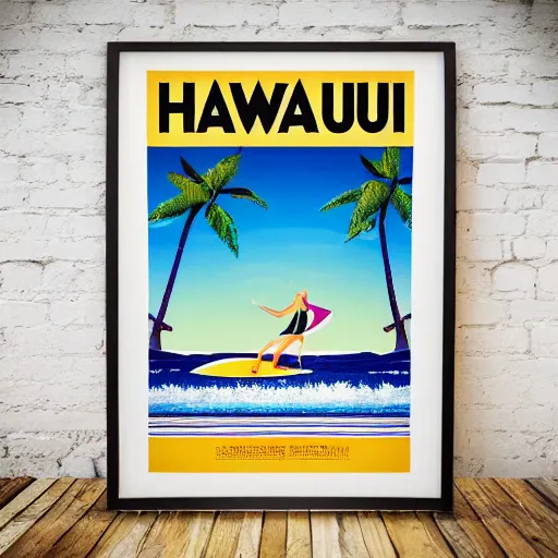 Prompt: hawaii tourism poster in style of bauhaus, hula girl, surfboard, waves, palm trees, sun, surf sand, medley of tropical flowers, lei, beautiful, symmetrical, textured, layered, ornate, detailed, chromostereopsis, 8 k