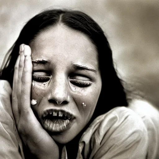 Prompt: a candid extreme closeup portrait of an expressive face of a happy through tears young woman by annie leibovitz