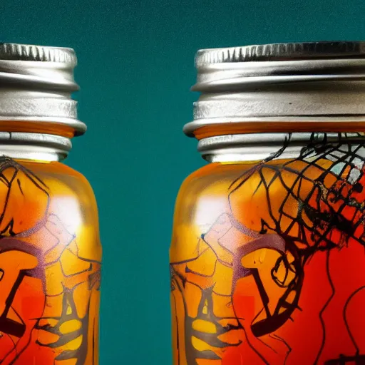 Image similar to skeletons running, painted on a jar, roman, abstract, orange theme, 8k resolution