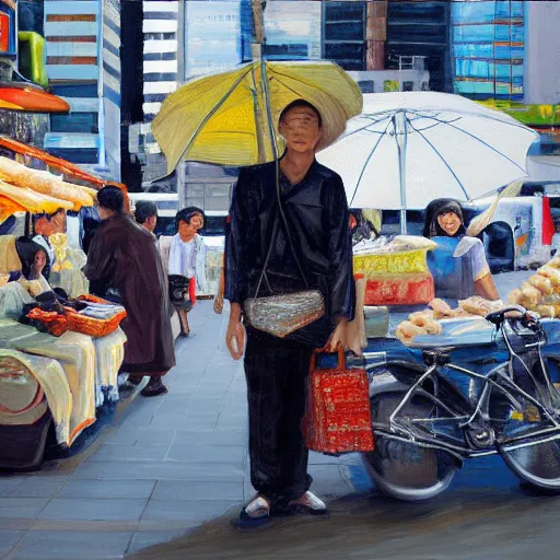 Image similar to street vendor in osaka, by alexa meade and alex grey and alex katz, highly detailed