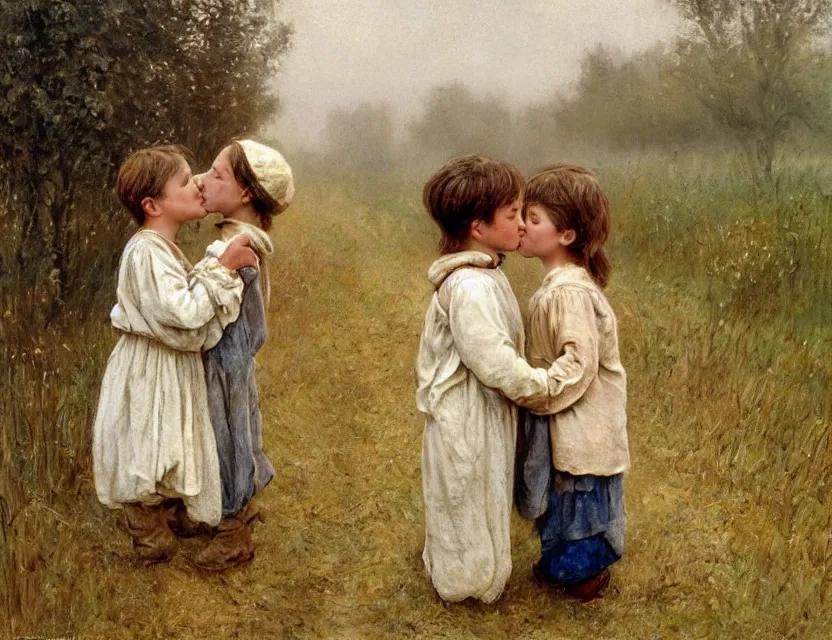 Image similar to peasant boy and girl first kiss, on a village, Cinematic focus, Polaroid photo, vintage, neutral colors, soft lights, foggy, by Steve Hanks, by Serov Valentin, by lisa yuskavage, by Andrei Tarkovsky 8k render, detailed, oil on canvas