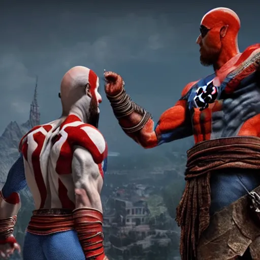 Image similar to screenshot of the game God of War with Kratos and Spiderman high fiving | Sony Pictures official media | Spiderman | Spiderman | Spiderman