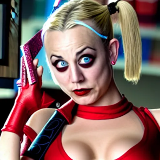 Image similar to A still of Kaley Cuoco as Harley Quinn