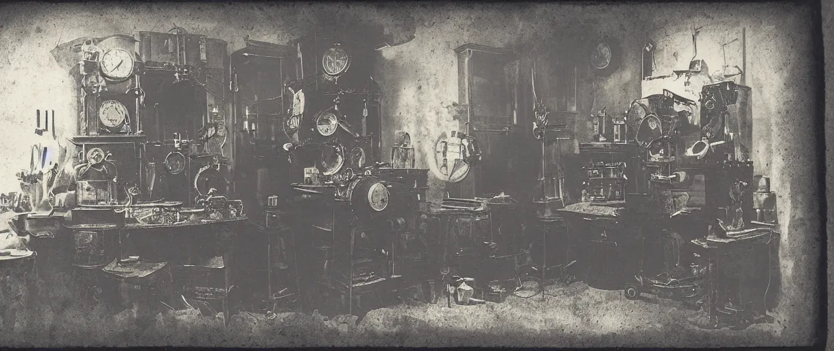 Prompt: detailed daguerreotype of a honey badger as watchmaker in workshop, steampunk laboratory, vintage style, wet collodion, steampunk, sepia, monochrome black and white, artistic photo from late xix century, high resolution, dark atmosphere