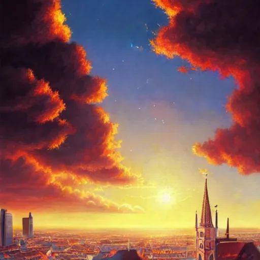 Image similar to , city of munich!!!, huge bright meteor falling from the skies!!!, people in panic!!, hyperrealistic, highly detailed, cinematic, golden sunlight, beautiful, cgssociety, artstation, 8 k, oil painting by greg rutkowski, by artgerm, by wlop