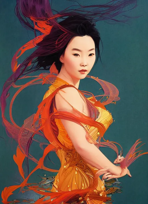 Image similar to portrait of mulan, koi fish, orange spike aura in motion, floating pieces, painted art by tsuyoshi nagano, greg rutkowski, artgerm, alphonse mucha, spike painting