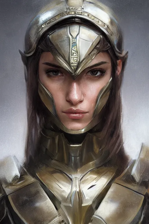 Image similar to a portrait of an attractive young woman, clothed in battle armor, olive skin, long dark hair, beautiful bone structure, symmetrical facial features, intricate, elegant, highly detailed, digital painting, trending on Artstation, concept art, smooth, sharp focus, illustration, from Metal Gear by Ruan Jia and Mandy Jurgens and Artgerm and greg rutkowski and william-adolphe bouguerea, award winning