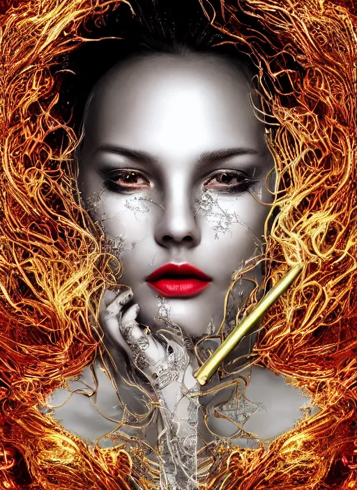 Image similar to glowing silver and golden elements, full close-up portrait, vector dark witch from unsplash, book cover, green forest, white moon, red lips, establishing shot, extremly high detail, photo-realistic, cinematic lighting, pen and ink, intricate line drawings, by Yoshitaka Amano, Ruan Jia, Kentaro Miura, Artgerm, post processed, concept art, artstation, matte painting, style by eddie mendoza, raphael lacoste, alex ross