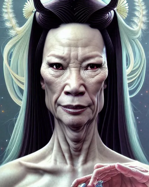 Prompt: beautiful gemini fantasy character portrait, 8 0 yrs old lucy liu kill bill, ultra realistic, wide angle, intricate details, blank background, highly detailed by peter mohrbacher, hajime sorayama, wayne barlowe, boris vallejo, aaron horkey, gaston bussiere, craig mullins