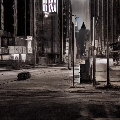 Prompt: color photograph, highly detailed abandoned New York city street at night after the war between humans and AIs, film grain, soft vignette, sigma 85mm f/1.4 1/10 sec shutter, film still promotional image, IMAX 70mm footage