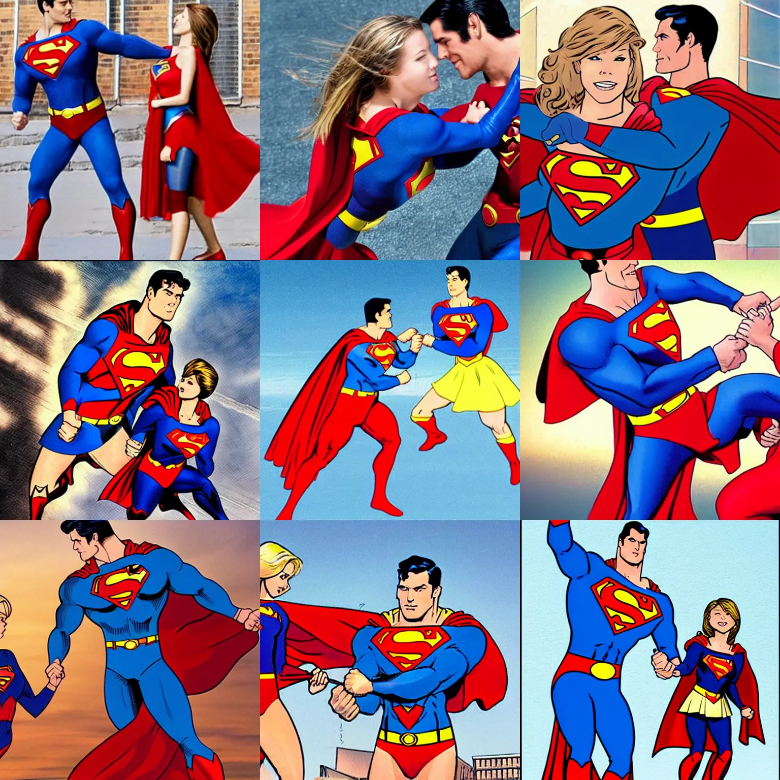 Prompt: superman and supergirl having a tug - of - war