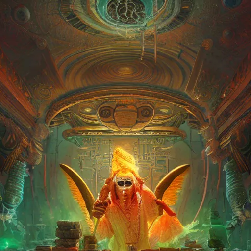 Image similar to detailed image of the god thoth, dye transfer style, insects and crystals deflecting light, cinematic lighting, epic composition, hyper realistic, extreme detail, esoteric symbolism, ultra high quality, 3 d render, 8 k, by tyler edlin, nasto hattori, simon stalenhag, rhads