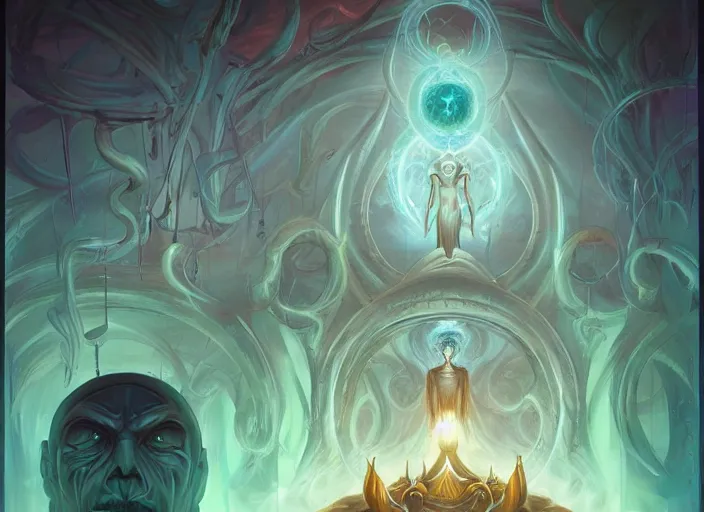 Prompt: an eldritch demigod looking into the astral portal in the great halls of the cosmos in the style of peter mohrbacher and alex grey, human, trending on artstation, unreal engine, ultra hd