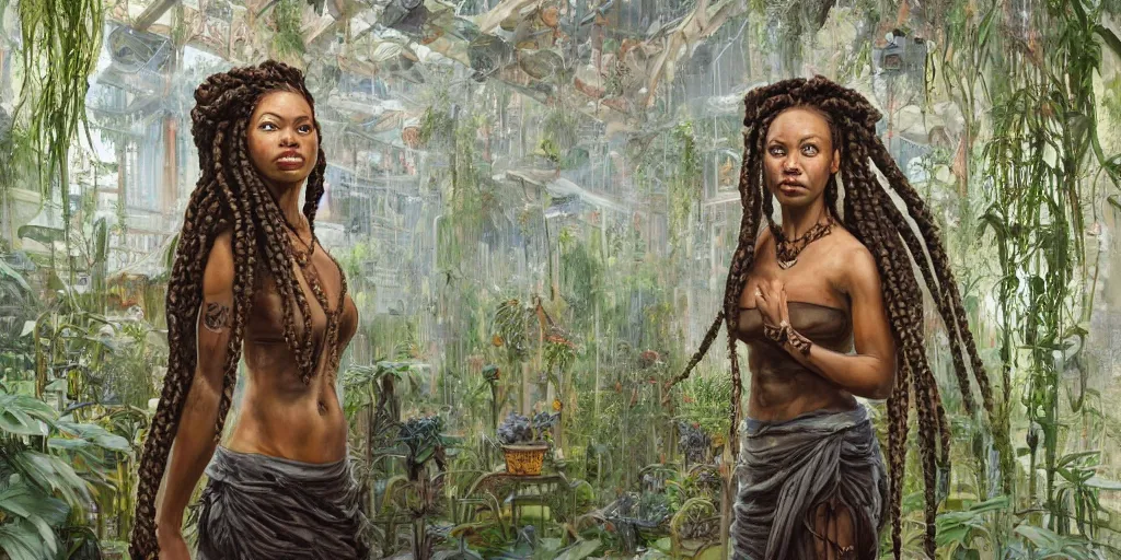 Prompt: a portrait of a beautiful!! and fierce!!!! woman with cornrow braids by Tim Okamura and Ben Enwonwu, she is standing in a very large room filled with plants with many windows and columns, a detailed matte painting by Noah Bradley and Moebius, cgsociety, concept art, solarpunk, optimistic future, natural light, golden light, life after the plague, backlit, rim lighting