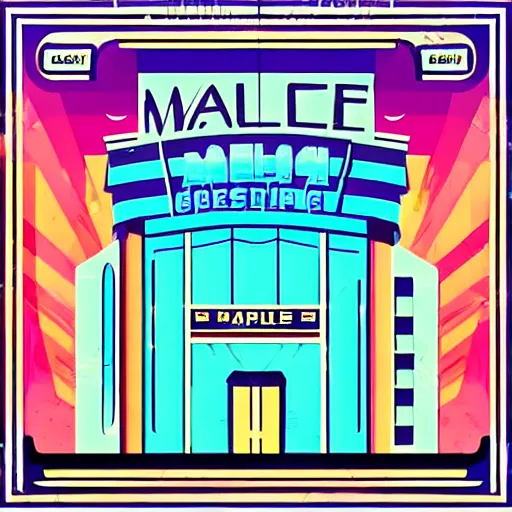 Image similar to art deco vaporwave illustration of a mall board game store in pastel and bright colors