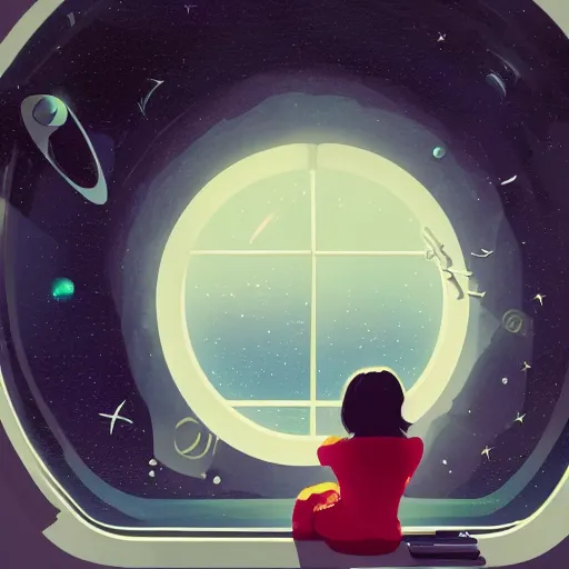 Image similar to lofi girl staring out the window of her spaceship listening to music on a sony walkman, camera facing the window, galaxies and stars are in the background of the window, spaceship is all rusted on the inside, 4 k, fantasy, space, lofi, music, alone, galaxies, stars