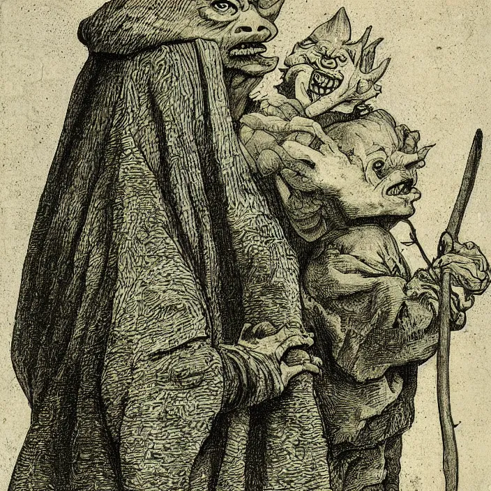 Prompt: a goblin monster and a child in a green hooded cloak, by Hans Holbein the Younger