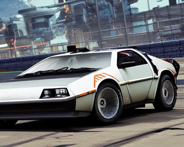 Image similar to photo of a vehicle concept design delorean racing on a science fiction race track, rocket league tank mad max global illumination ray tracing hdr, gta 5 comics, makoto shinkai, borderlands, fast and furious, octane