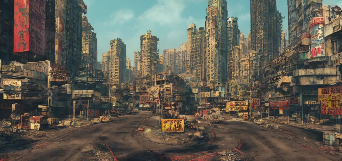 Prompt: Fallout Hong Kong Street Landscape Concept Art, vibrant colors, 8k photorealistic, black background, HD, high details, trending on artstation