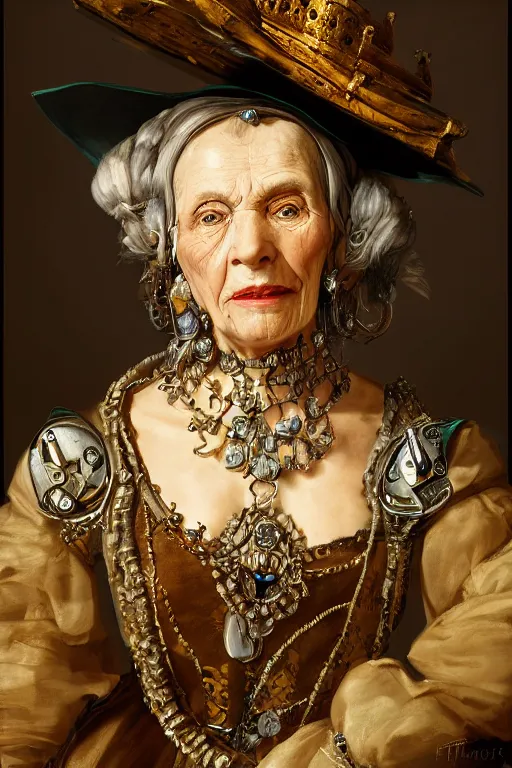 Prompt: portrait, headshot, digital painting, of a old 17th century, old lady cyborg merchant, amber jewels, baroque, ornate clothing, scifi, futuristic, realistic, hyperdetailed, chiaroscuro, concept art, art by frans hals