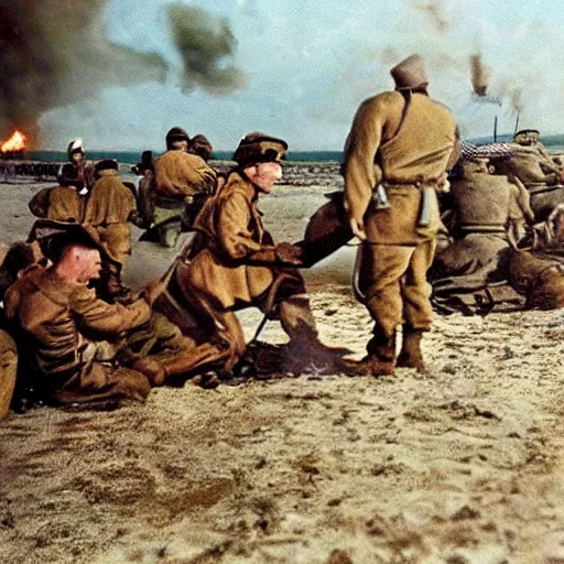 Image similar to ww 2 realistic photo in color beach landing, blood everywhere, explosions