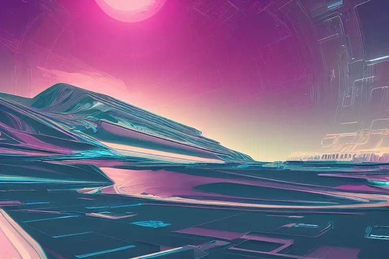 Prompt: soft clean chrome geometric landscape, retrofuturism, sci - fi, hyper realism, vaporwave aesthetic, digital art