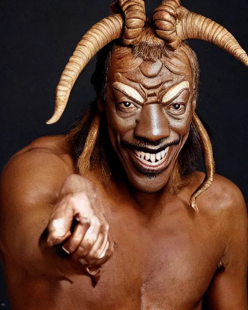 Image similar to actor Eddie Murphy in Elaborate Pan Satyr Goat Man Makeup and prosthetics designed by Rick Baker, Hyperreal, head shots in the style of Annie Leibovitz