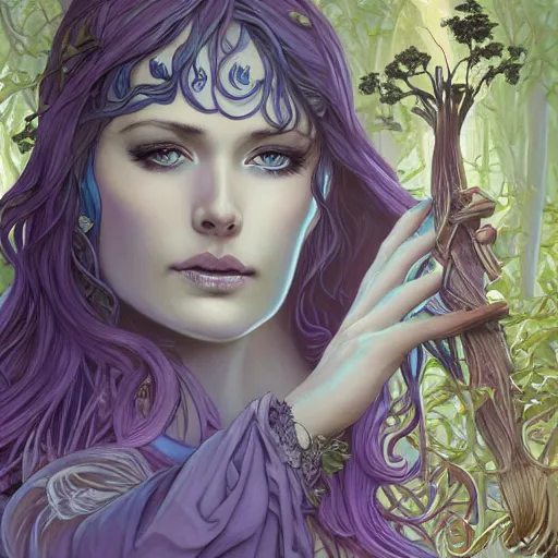 Prompt: painting of alluring woman with beautiful blue eyes in the darkened green forest at midnight, detailed face, flowing purple hair, skintight tunic, silver flute, smooth, sharp focus, award - winning, masterpiece, extremely detailed, intricate, art by rebecca guay, rossdraws