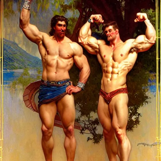 Image similar to attractive muscular mike and muscular attractive ty, drinking their hearts out, boys night out. highly detailed painting by gaston bussiere, craig mullins, j. c. leyendecker, alphonse mucha 8 k