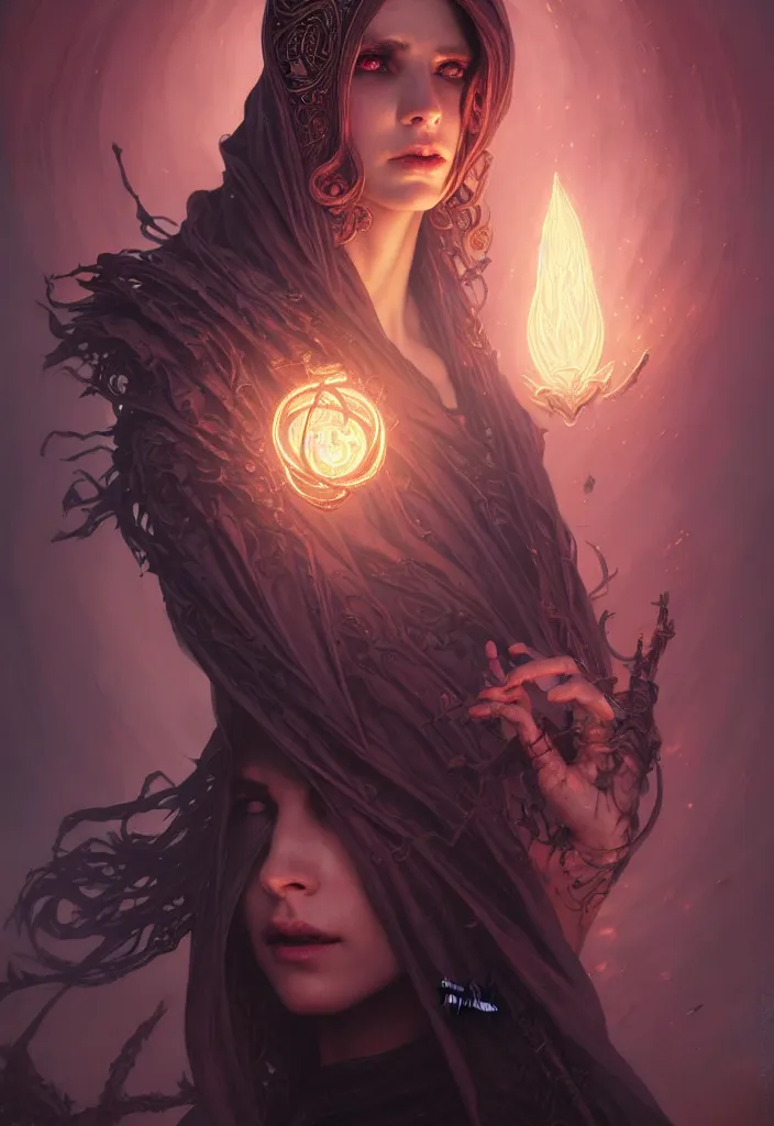 Image similar to Necromancer Sorceress, filled background around face, fantasy magic, undercut hairstyle, dark light night, intricate, elegant, sharp focus, illustration, highly detailed, digital painting, concept art, matte, art by WLOP and Artgerm and Greg Rutkowski and Alphonse Mucha, masterpiece