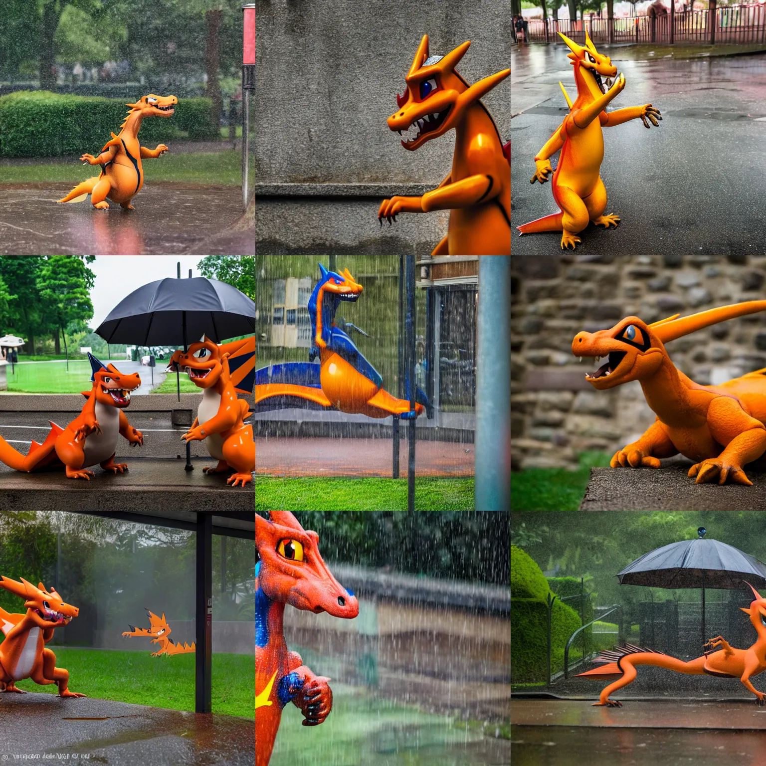 Prompt: a charizard zoo exhibit, rainy day, outside enclosure, 4 k photograph, award winning, 5 0 mm