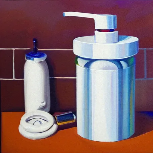 Image similar to a colorful painting of a faucet and soap dispenser, an airbrush painting by janet fish trending on artstation, ( ( ( hyper realism ) ) ), oil on canvas, detailed painting