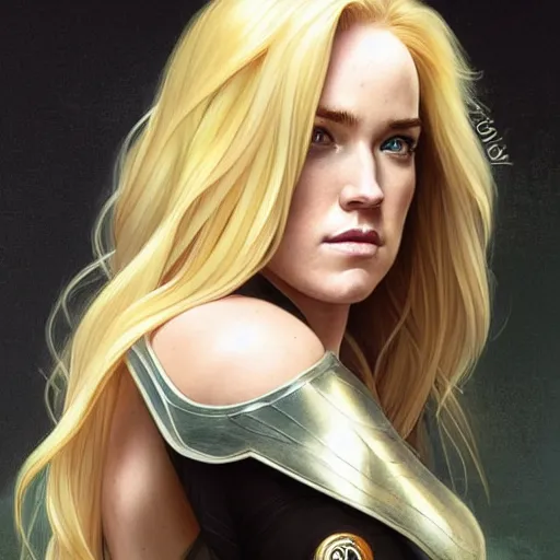 Image similar to Caity Lotz with blonde hair as Power Girl, western, D&D, fantasy, intricate, elegant, highly detailed, digital painting, artstation, concept art, matte, sharp focus, illustration, art by Artgerm and Greg Rutkowski and Alphonse Mucha