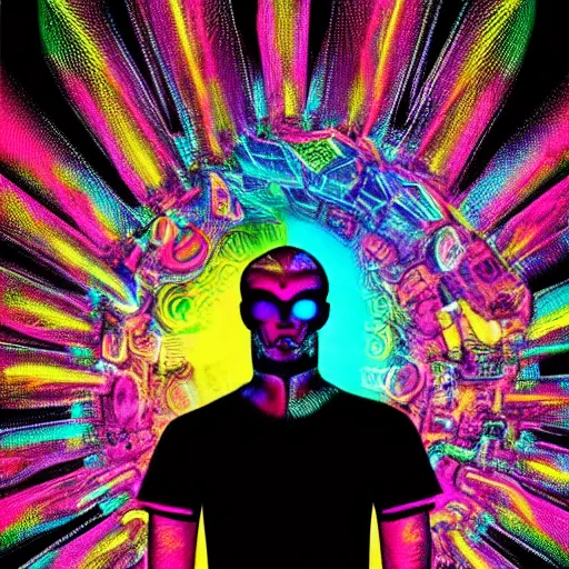 Prompt: photo of a black tshirt with a hyperdetailed portrait of a futuristic trippy atompunk meditating robot, 8 k, symetrical, flourescent colors, halluzinogenic, multicolored tshirt art,