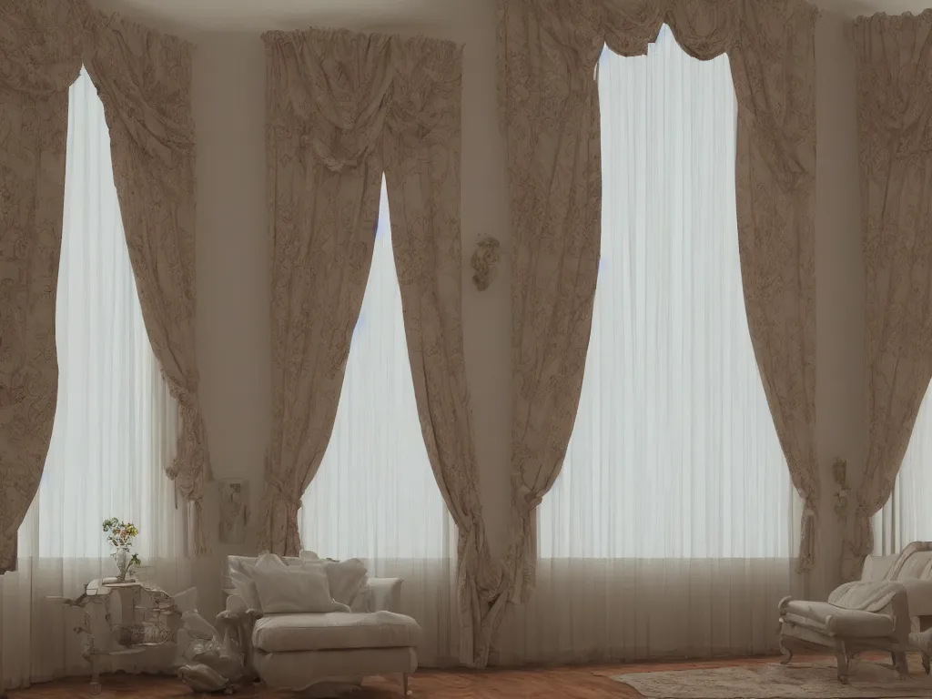 Prompt: 3D render of vintage interior house with very large curtains , High detail, Octane Render, faded colors, pastel colors , lens 35mm, f 8,