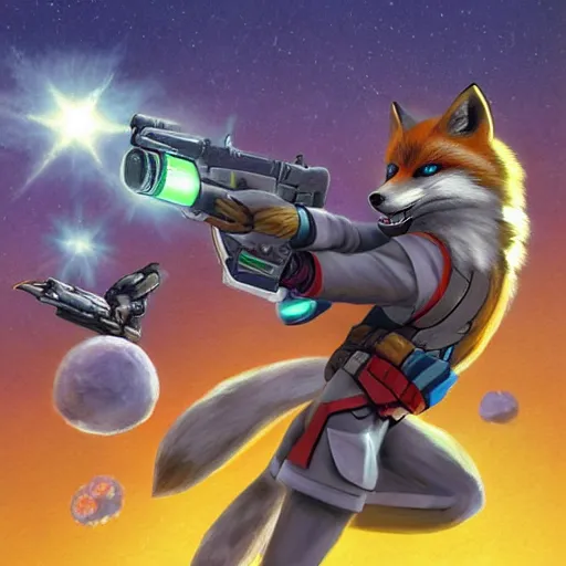 Prompt: an action portrait of fox mccloud holding a blaster, suspenseful, heroic, anthropomorphic furaffinity furry fursona art, star fox, by peter elson