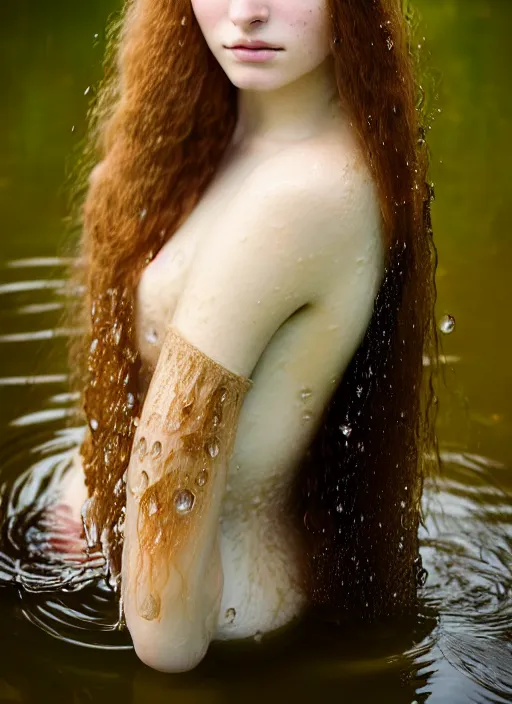 Prompt: portrait photography of a beautiful woman how pre-Raphaelites beauty type in style of Giovanni Gastel, britt marling style 3/4 , natural color skin, the face emerges from the water of a pond with clear water, half face and hair are immersed in water, long blond hair are intricate with highly detailed realistic branches with little point rose' gems flowers like a crown, a beautiful ethereal lace transparent point rose' dress, 8K, soft focus, melanchonic soft light, volumetric lighting, highly detailed Realistic, Refined, Highly Detailed, natural point rose' outdoor soft pastel lighting colors scheme, blu color scheme background, soft blur outdoor lighting, fine art fashion photography