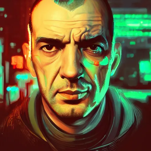 Image similar to disgusting portrait of a niko bellic, art by wlop and artgerm and liam wong, cyberpunk, neon, intricate details, trending on artstation, sharp focus, caustics, octane render, radiant light, 4 k
