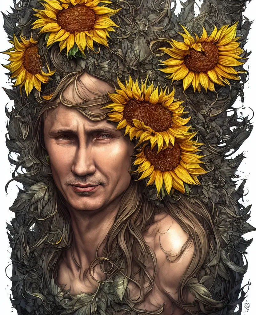 Image similar to digital art, centered full body of Putin smiling king, Sunflower crown, ,intricate, veins, by James Jean and by artgerm , by ross tran ultradetailed, charachter design, concept art, trending on artstation,