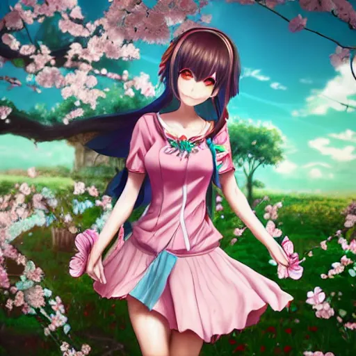 Image similar to 3d rendered anime girl with cherry blossoms as clothing in a flower garden, fantasy art, hyper realistic, detailed, ultra detailed, dynamic lighting, fantasy concept art