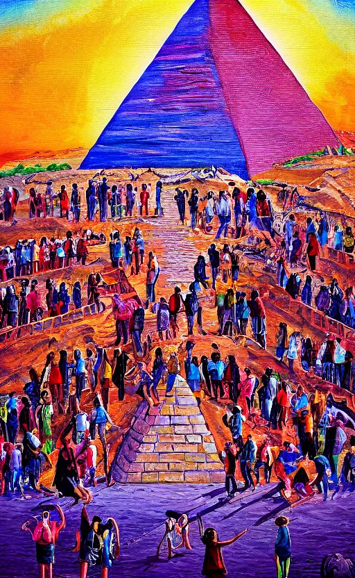 Prompt: beautiful detailed photorealistic painting of a group of friends dressed in front of the pyramid of giza. they are having fun. the friends are happy and having fun. vibrant, high quality, vibrant colors, very funny, beautiful, hq. hd. 4 k. award winning. trending on artstation