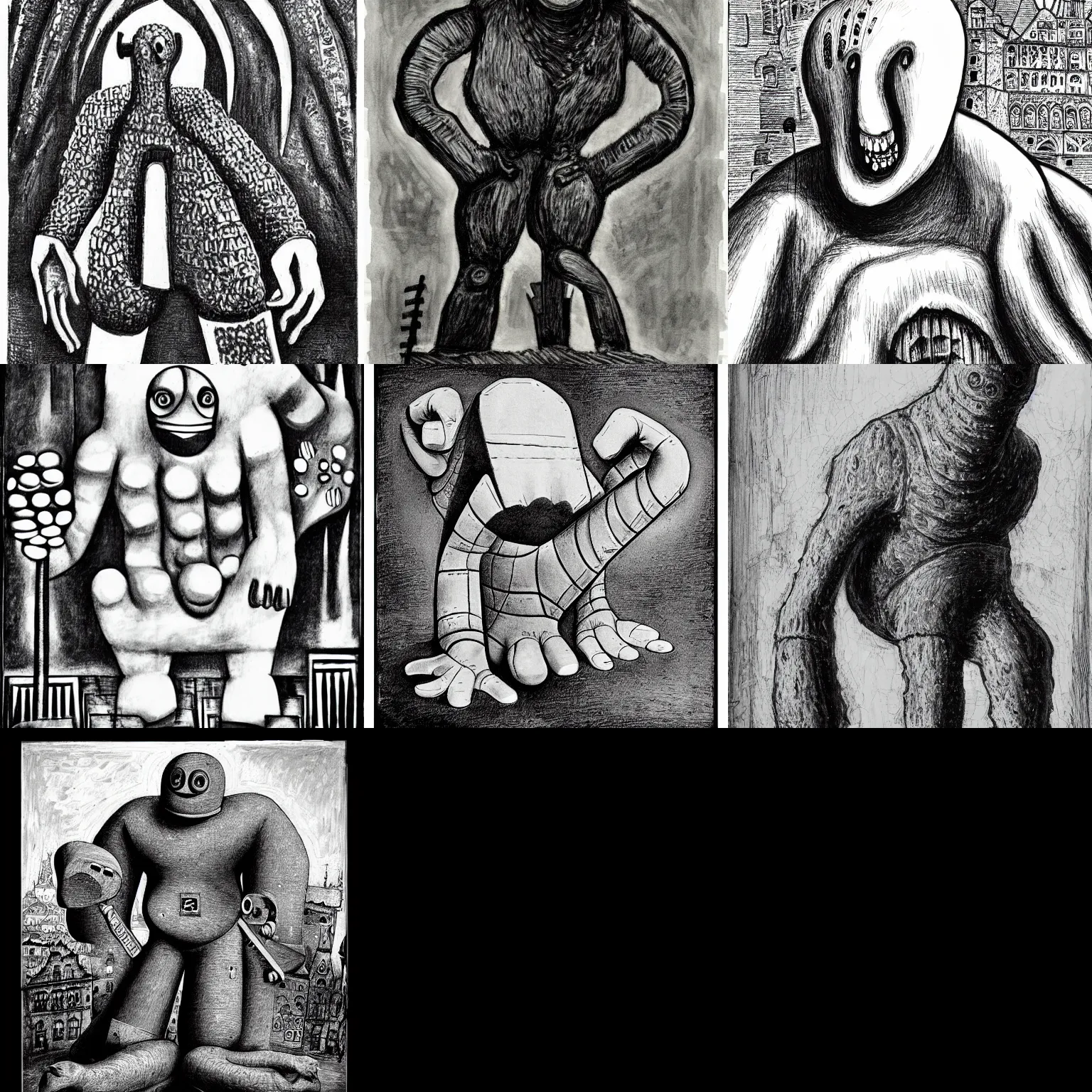 Prompt: black and white dada artwork of the monster golem from prague