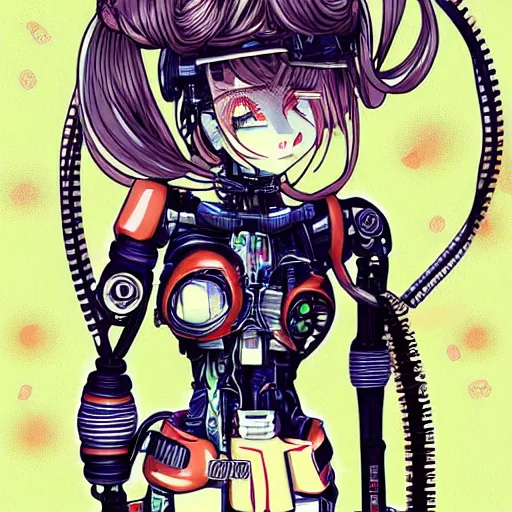 Image similar to Anime manga robot!! Anime girl, cyborg girl, exposed wires and gears, fully robotic!! girl, manga!! in the style of Junji Ito and Naoko Takeuchi, cute!! chibi!!! Schoolgirl, epic full color illustration, full body illustration