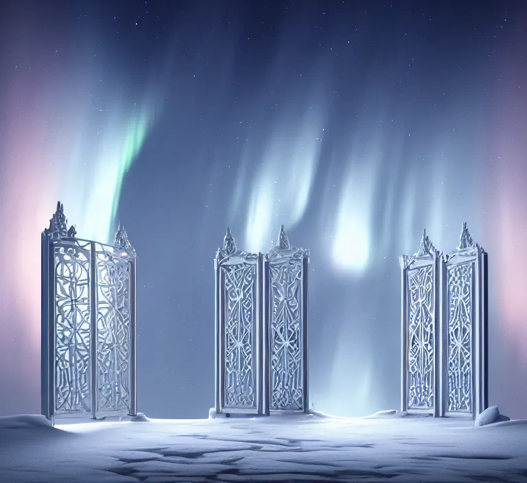 Image similar to a very detailed concept art of intricate and scandinavian white gates to aurora borealis infused with light, trending on artstation, symmetry, digital art, 4 k, hyper realistic, octane render, sharp focus