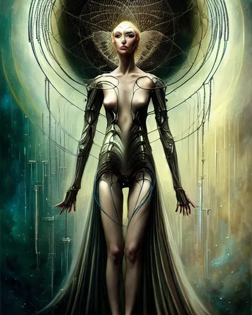 Image similar to karol bak and tom bagshaw and bastien lecouffe - deharme full body character portrait of galadriel as the borg queen, digitalcore rebirth, floating in a powerful zen state, supermodel, beautiful and ominous, wearing combination of mecha and bodysuit made of wires and silk, machinery enveloping nature in the background, scifi character render