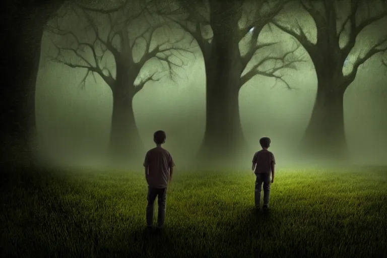Image similar to boy and his haunting ethereal realistic ghost in the middle of a rain oak forest at night, realistic, obscure, dramatic scene, matte painting