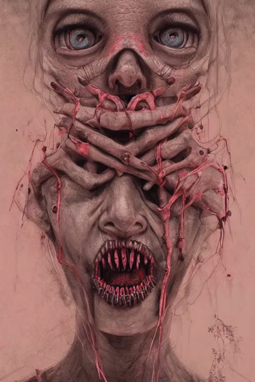 Image similar to crayon cartoon grunge portrait of a creepy horror nurse girl . intricate artwork. nightmare fuel. terrifying. by zdzisław Beksiński, wlop, dan mumford , trending on artstation, greg rutkowski very coherent symmetrical artwork. cinematic, hyper realism, high detail, octane render, 8k