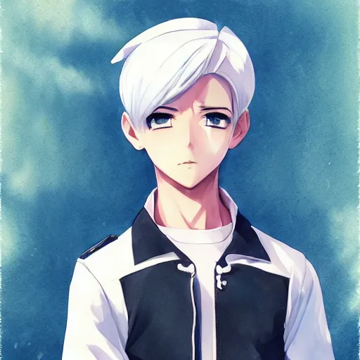 Image similar to a portrait of a ( feminine ) anime boy with white hair wearing soviet sailor outfit, pixiv, artstation, art by artgerm ilya kuvshinov makoto shinkai and ( valentin bernardsky ), watercolor, sharp focus, cute, kawaii, high quality