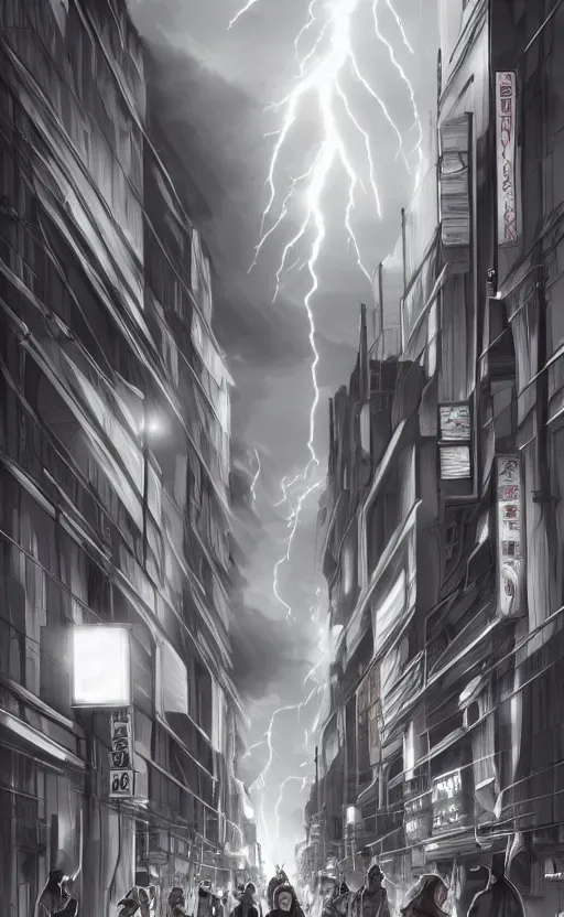 Image similar to tokyo street, lightning bolts in sky, dark sky by artgerm, illustration, trending on artstation, deviantart,